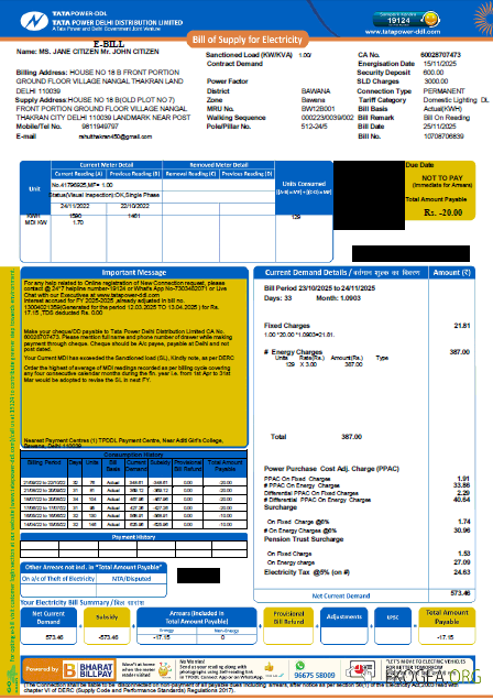 India Tata Power Company Limited utility bill template in Word and PDF formats